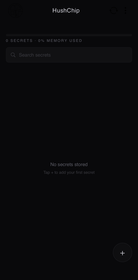 HushChip app empty secret list with memory bar